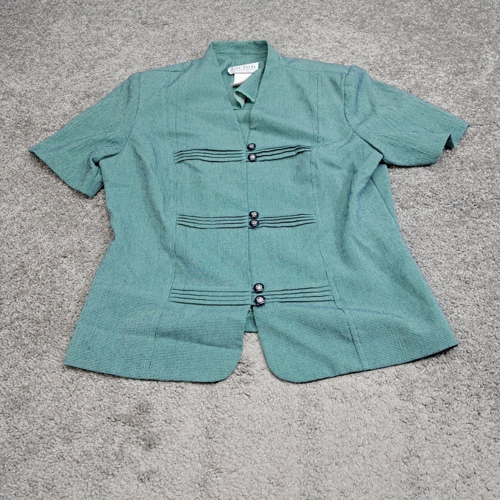 Miss Dorby Women Teal Houndstooth Short Sleeve Blazer Top Pleated Front Size 12